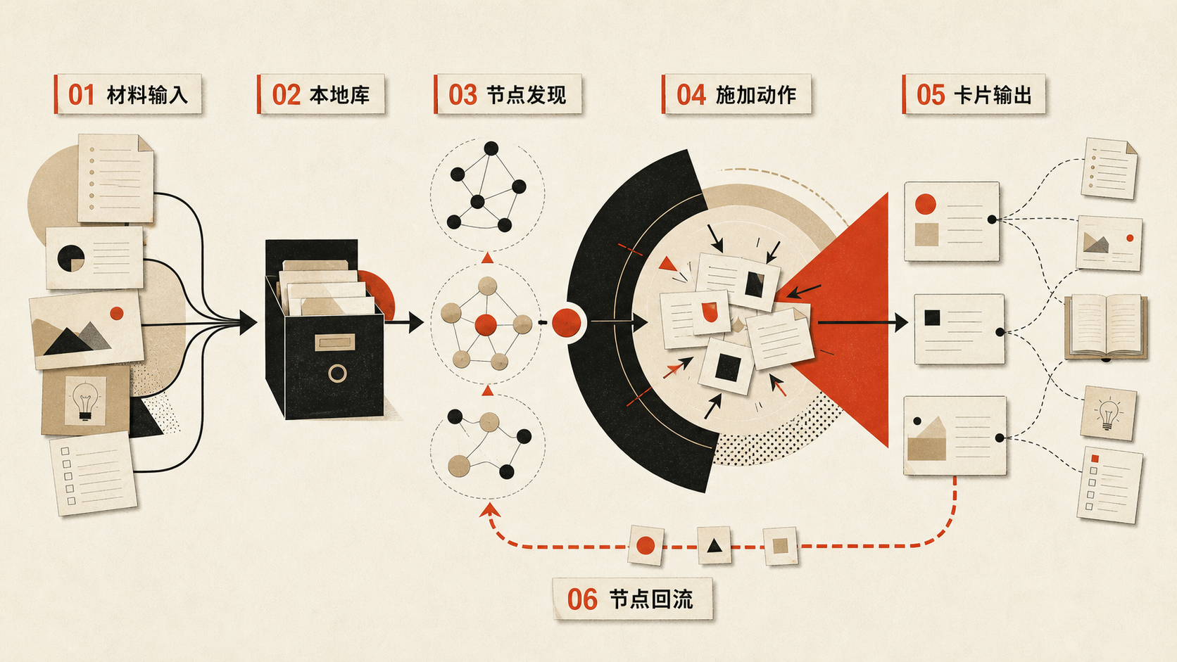 卡片不是终点——几张卡片能收成新的主题,接着再来一轮。想走多深就走多深。